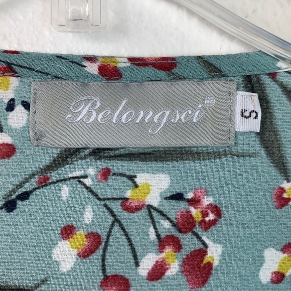 Belongsci tiny floral print blouse V neck balloon sleeve soft green tunic top - Picture 4 of 9